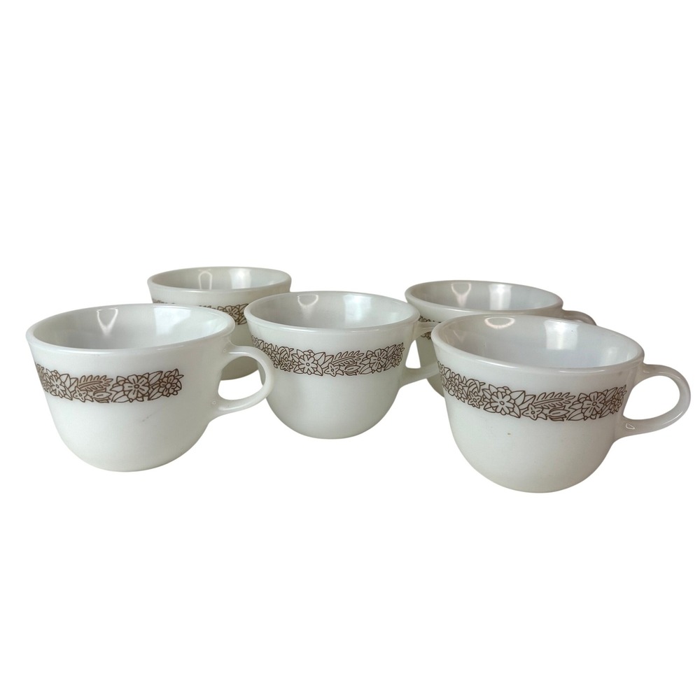 Vintage Pyrex Woodland Coffee Cups Set of 5 Brown Floral Milk Glass Corning USA